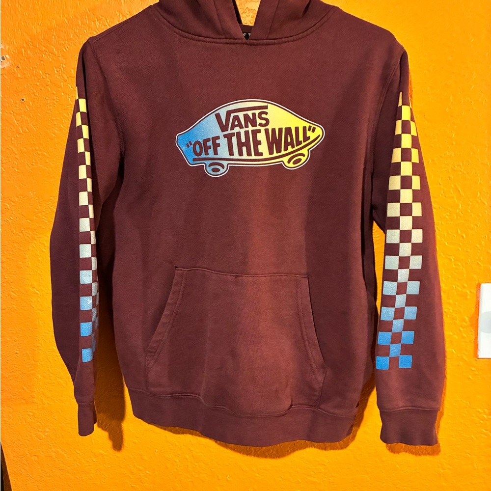 Vans Maroon Crewneck Hoodie with Gradient Checkerboard Sleeves